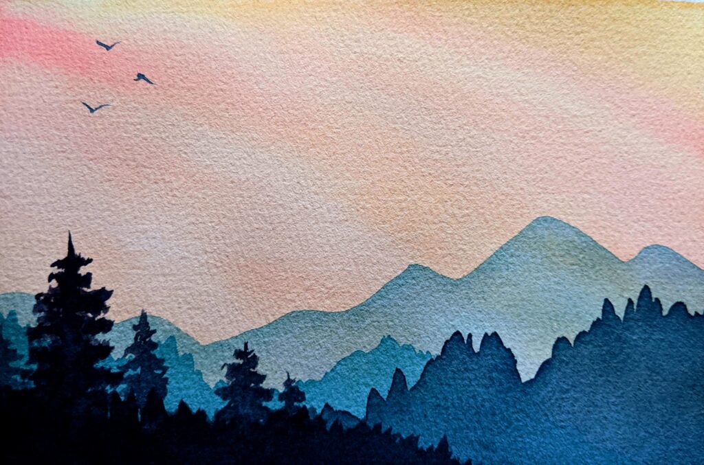 Reasonably competent watercolor landscape showing an orange sky, turquoise layered mountains, silhouetted evergreens