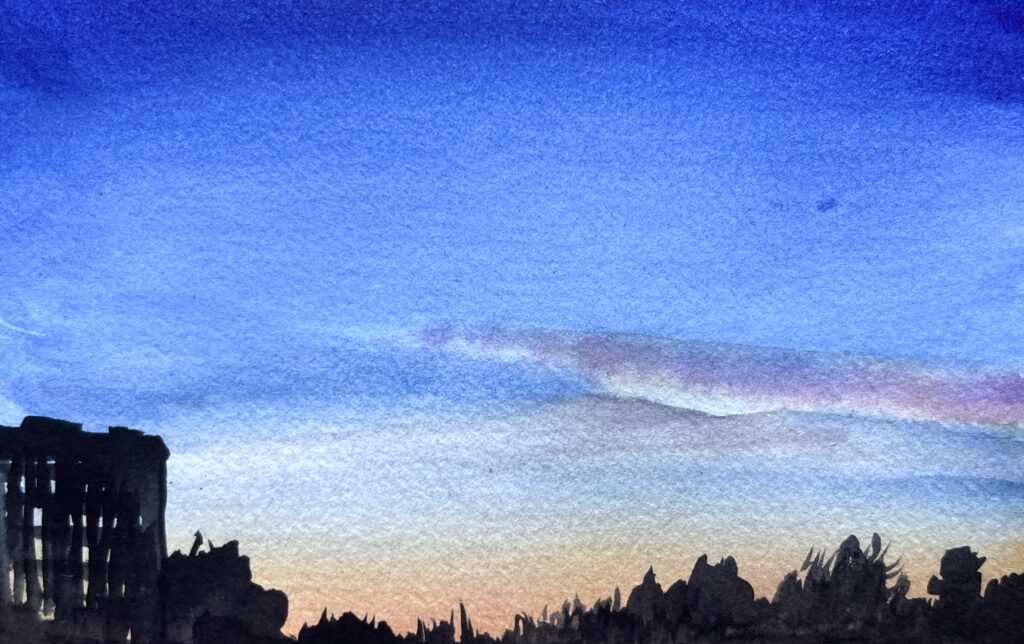Watercolor late-night sunset with a cloud and silhouettes of trees and buildings.
