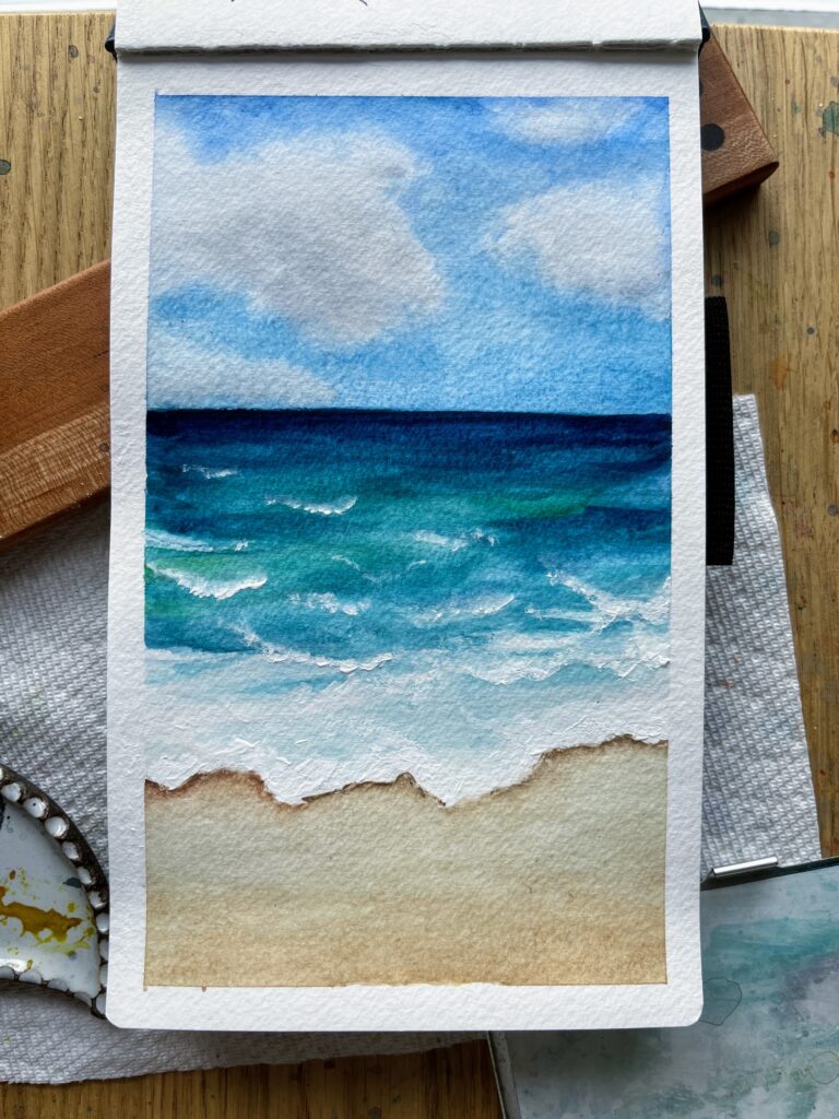 Painting of waves with seafoam on a beach