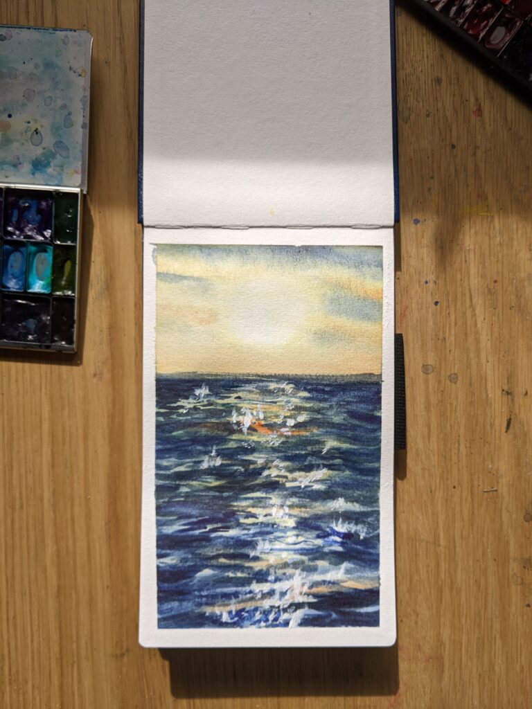 Painting of sparkling ocean waves under a setting sun