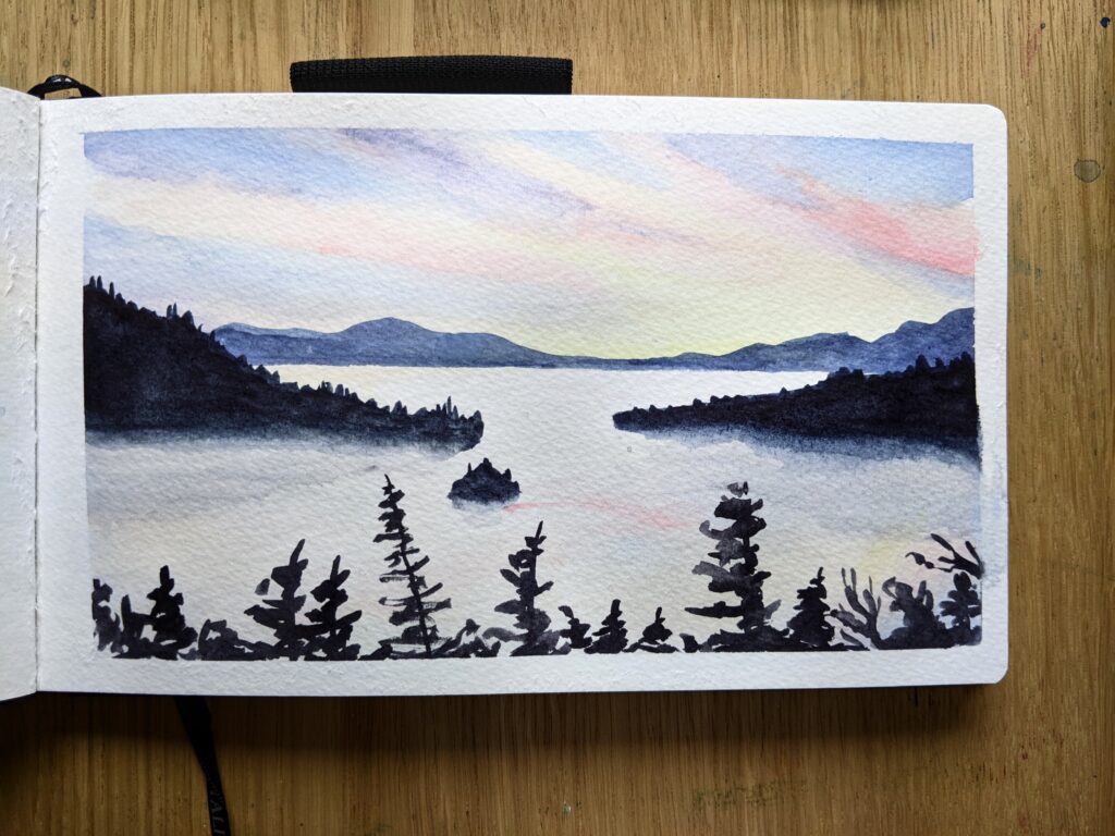 Painting of two islands in a lake behind a row of pines, with gentle pastel sunrise colors.